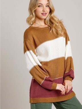 Umgee Mustard, Cream & Mauve Colorblock Crewneck Sweater